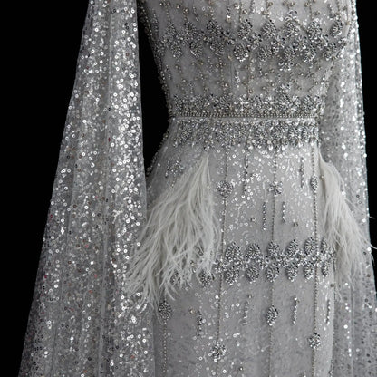 Luxury Gray Feather Straight Evening Dress with Cape Sleeves SS279