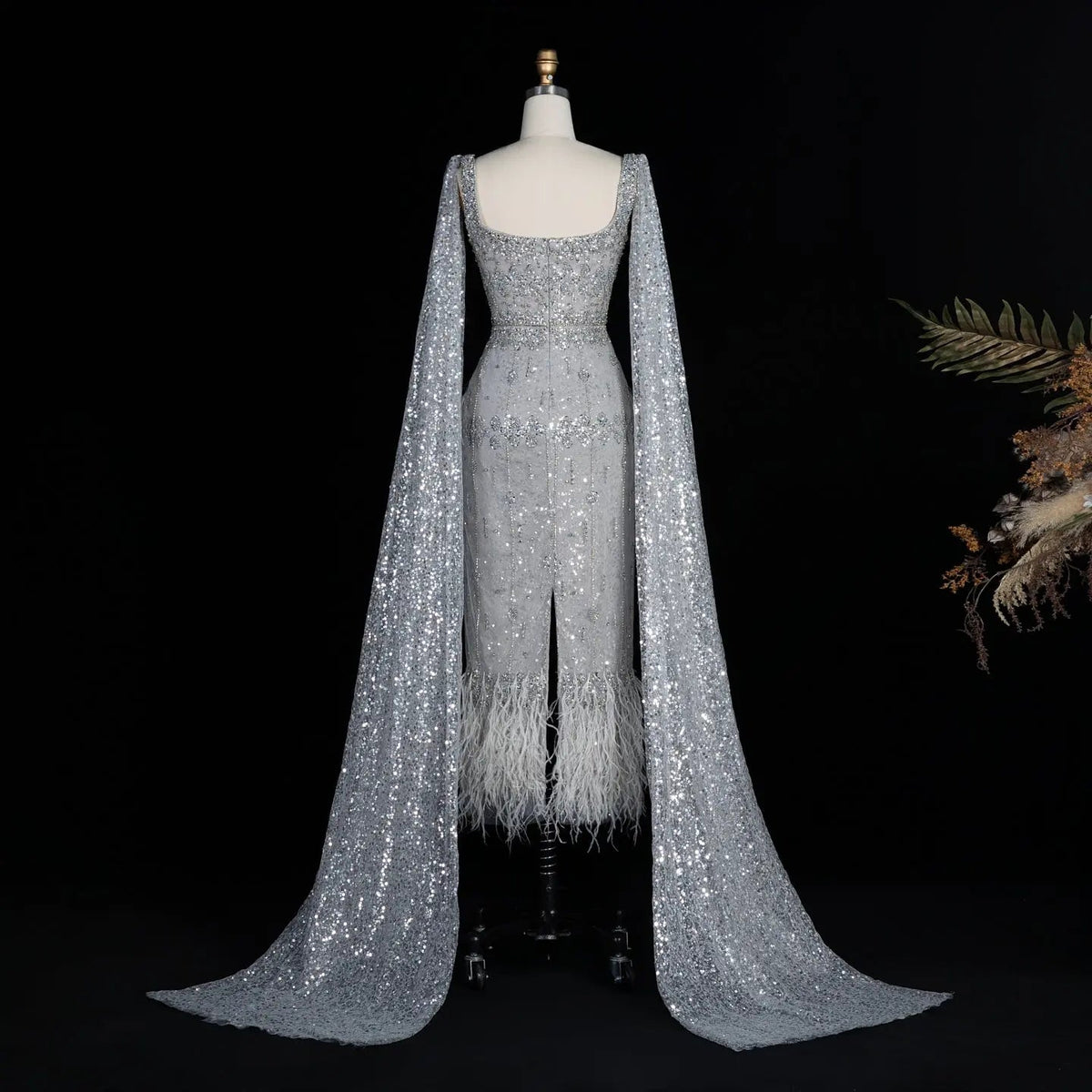 Luxury Gray Feather Straight Evening Dress with Cape Sleeves SS279