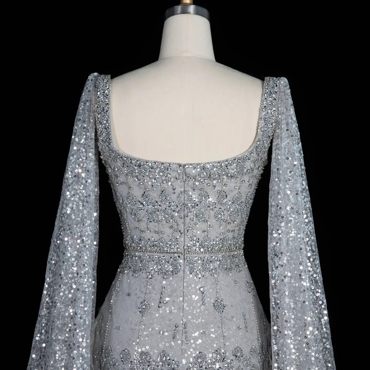 Luxury Gray Feather Straight Evening Dress with Cape Sleeves SS279