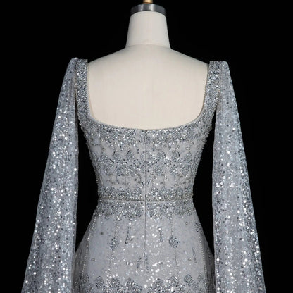 Luxury Gray Feather Straight Evening Dress with Cape Sleeves SS279