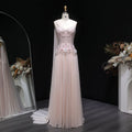 Elegant Blush Pink 3D Floral Beaded One-Shoulder Cape Evening Dress SS285