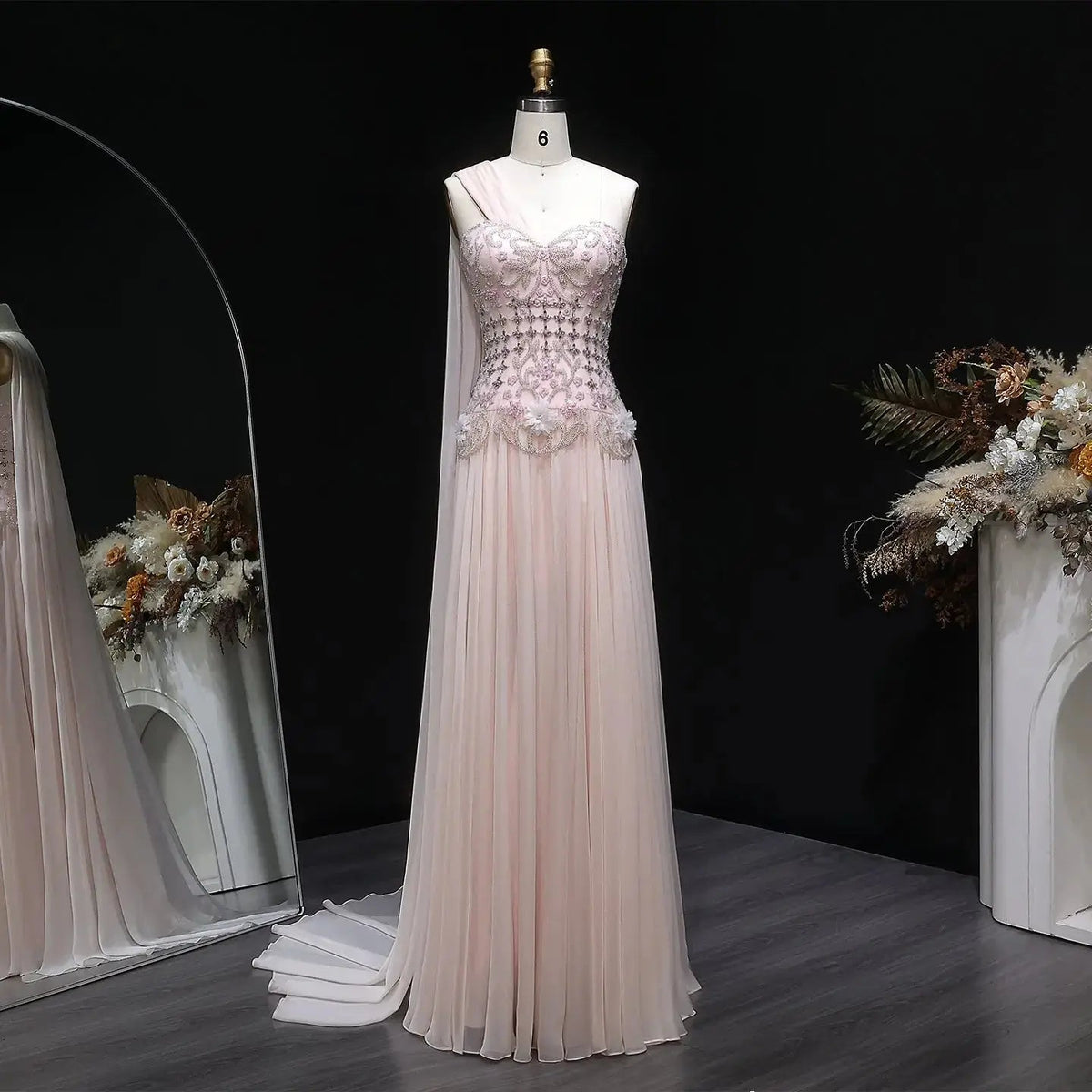 Luxury Blush Pink Beaded 3D Floral One-Shoulder Cape Evening Dress SS285