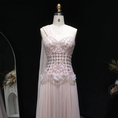Luxury Blush Pink Beaded 3D Floral One-Shoulder Cape Evening Dress SS285