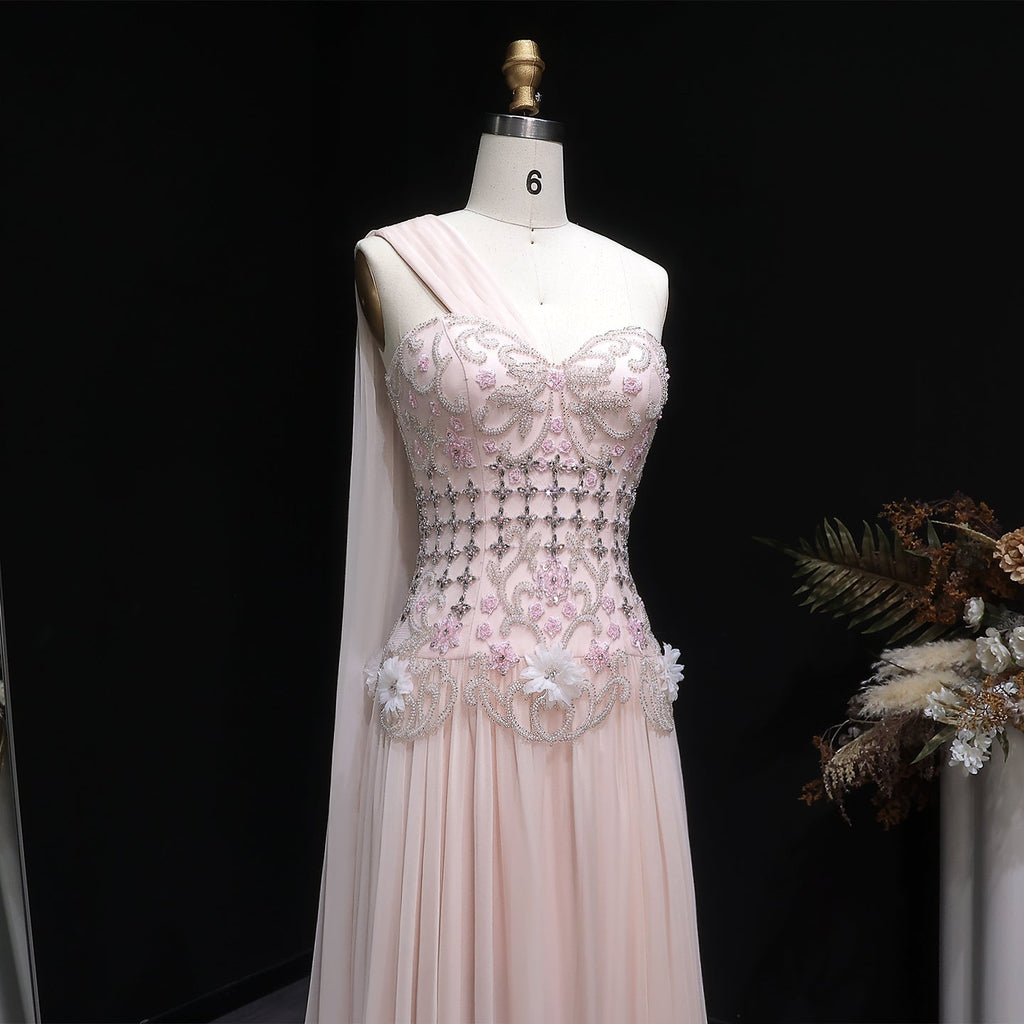 Elegant Blush Pink 3D Floral Beaded One-Shoulder Cape Evening Dress SS285