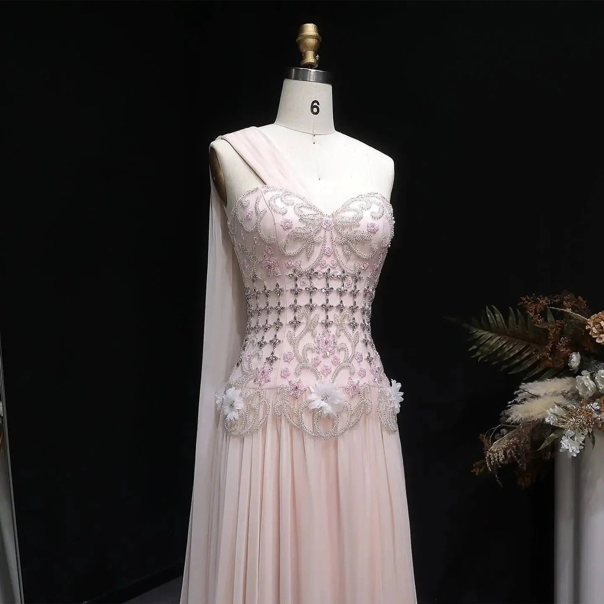 Luxury Blush Pink Beaded 3D Floral One-Shoulder Cape Evening Dress SS285