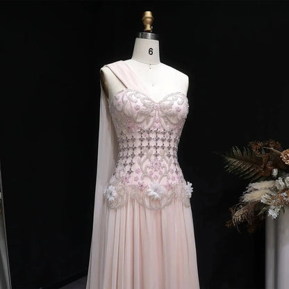 Luxury Blush Pink Beaded 3D Floral One-Shoulder Cape Evening Dress SS285