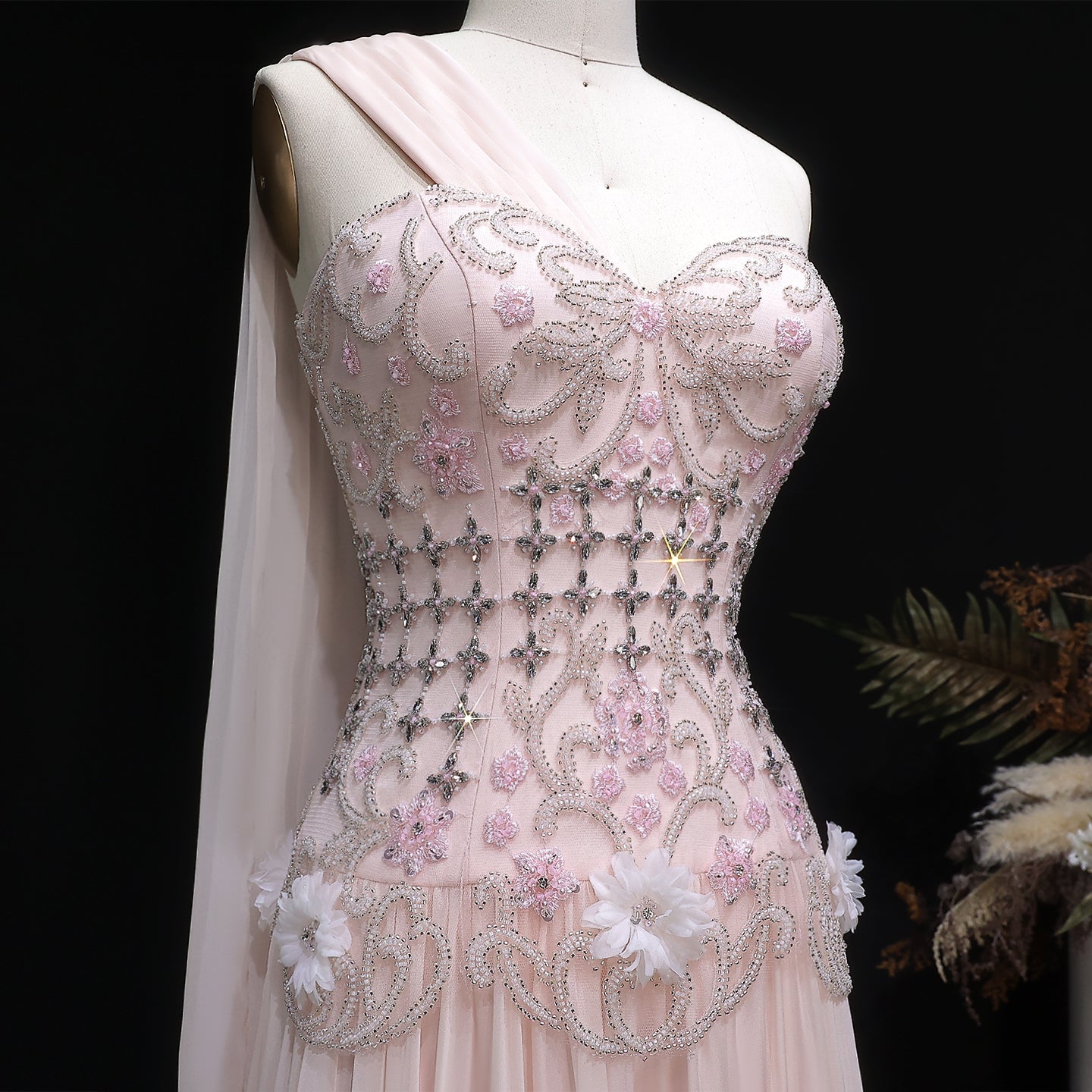 Elegant Blush Pink 3D Floral Beaded One-Shoulder Cape Evening Dress SS285