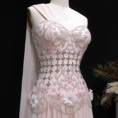 Luxury Blush Pink Beaded 3D Floral One-Shoulder Cape Evening Dress SS285
