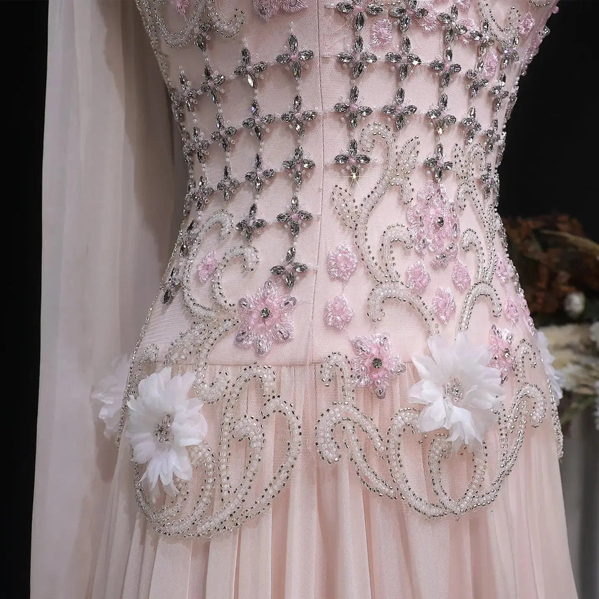 Luxury Blush Pink Beaded 3D Floral One-Shoulder Cape Evening Dress SS285