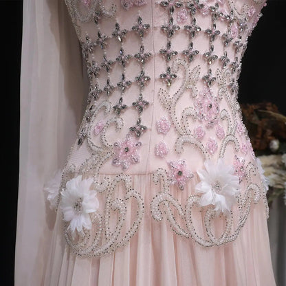 Luxury Blush Pink Beaded 3D Floral One-Shoulder Cape Evening Dress SS285