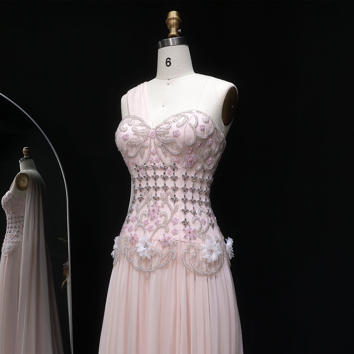 Elegant Blush Pink 3D Floral Beaded One-Shoulder Cape Evening Dress SS285