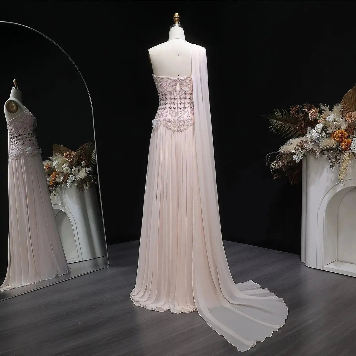 Luxury Blush Pink Beaded 3D Floral One-Shoulder Cape Evening Dress SS285