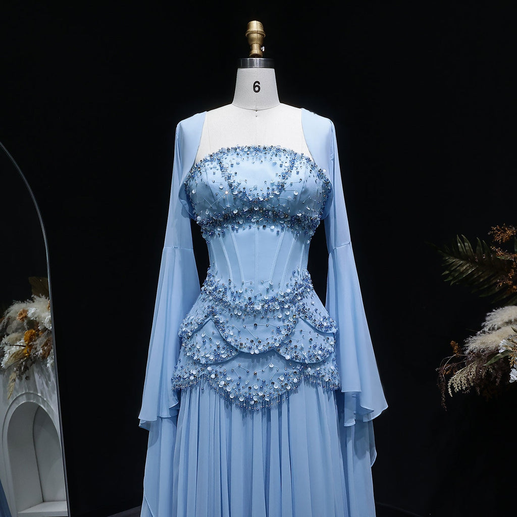 Luxury Pearls Tassel Blue and Yellow Evening Dress with Flowing Sleeves SS286