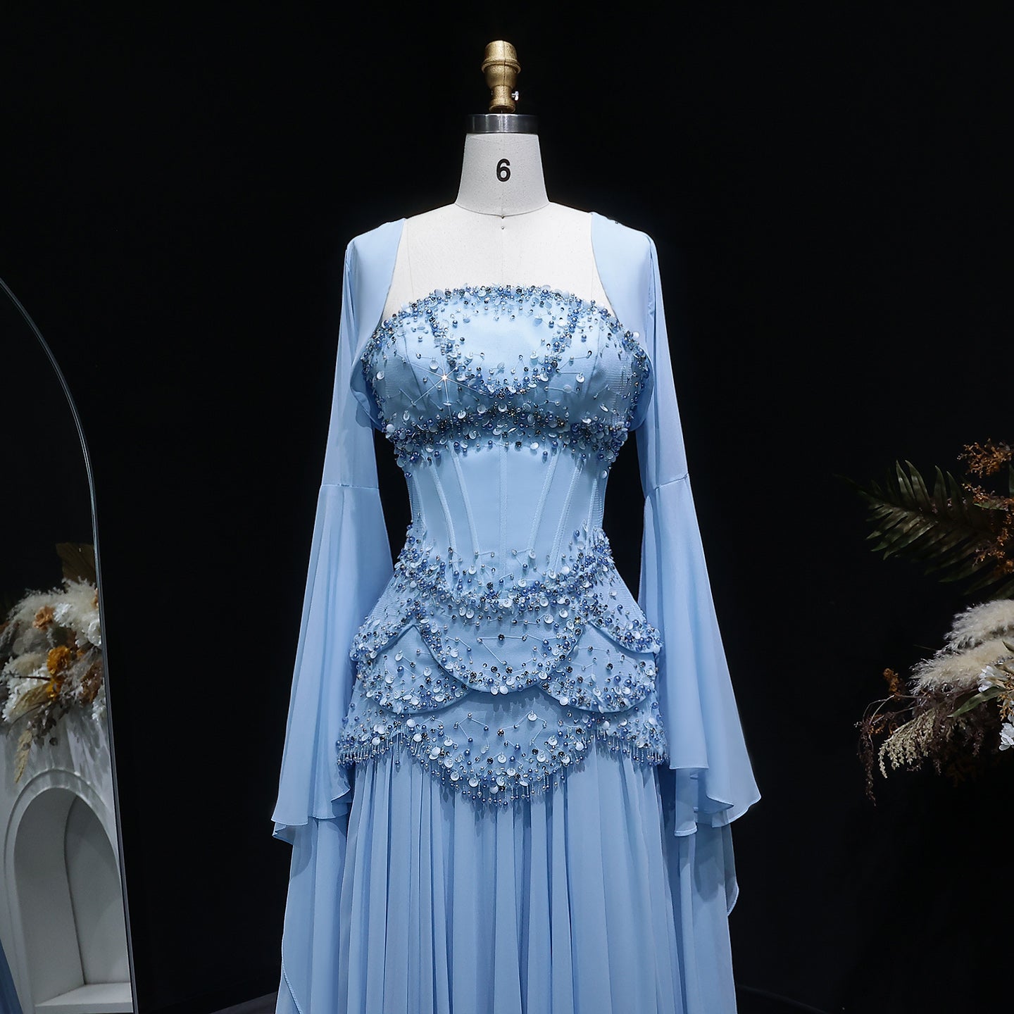 Luxury Pearls Tassel Blue and Yellow Evening Dress with Flowing Sleeves SS286