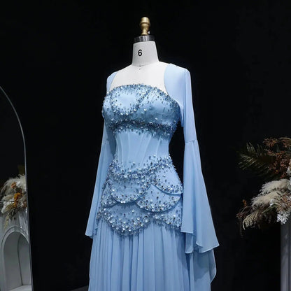 Luxury Pearls Tassel Blue and Yellow Evening Dress with Flowing Sleeves SS286