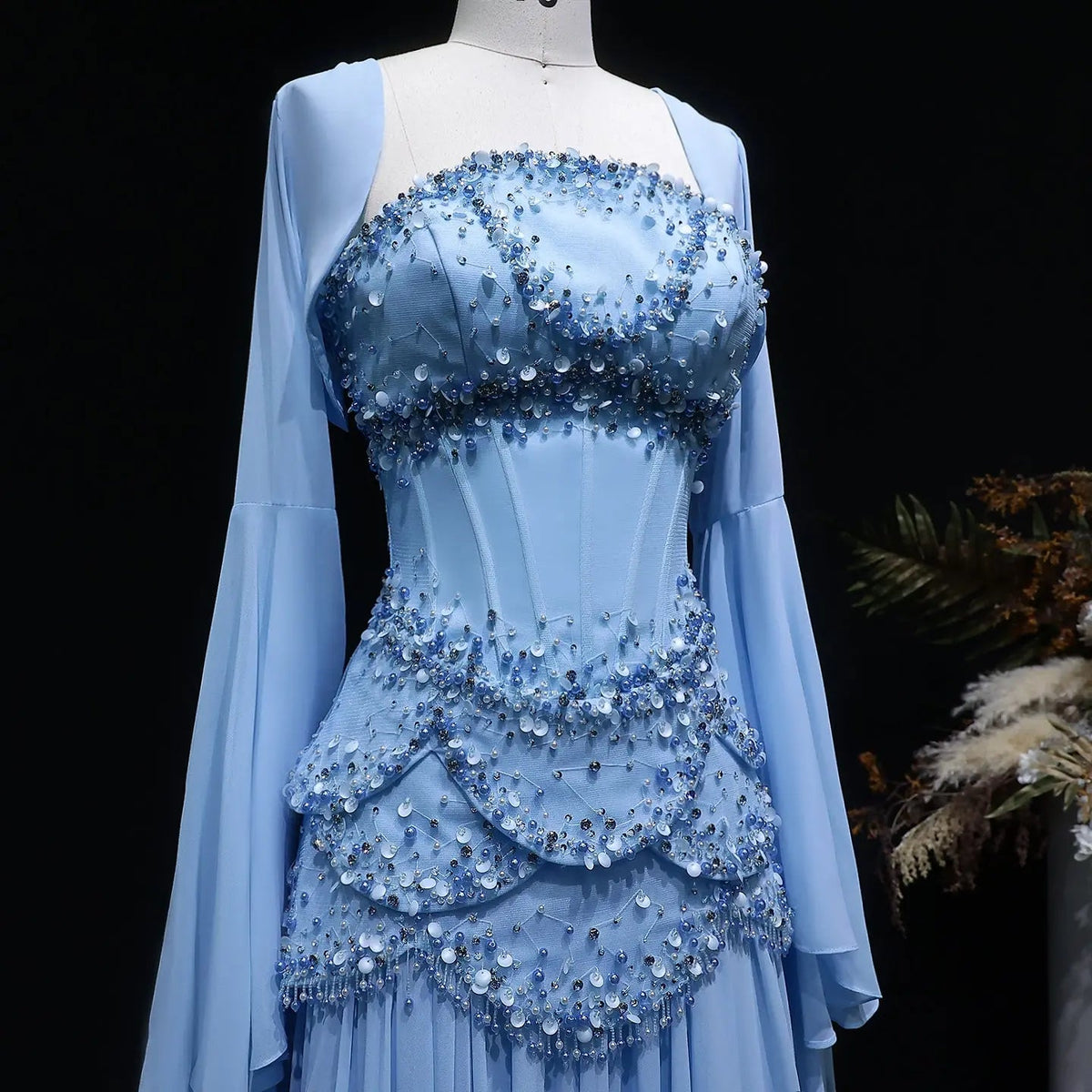 Luxury Pearls Tassel Blue and Yellow Evening Dress with Flowing Sleeves SS286