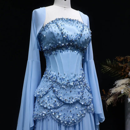 Luxury Pearls Tassel Blue and Yellow Evening Dress with Flowing Sleeves SS286