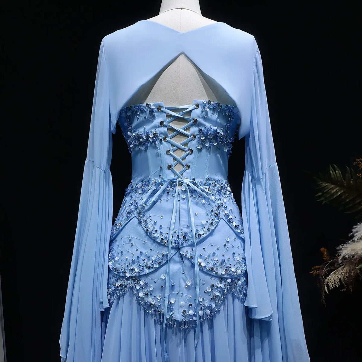 Luxury Pearls Tassel Blue and Yellow Evening Dress with Flowing Sleeves SS286