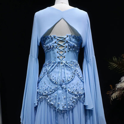 Luxury Pearls Tassel Blue and Yellow Evening Dress with Flowing Sleeves SS286