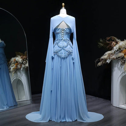 Luxury Pearls Tassel Blue and Yellow Evening Dress with Flowing Sleeves SS286