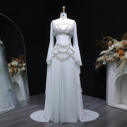 Luxury Pearls Tassel Blue and Yellow Evening Dress with Flowing Sleeves SS286