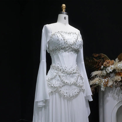 Luxury Pearls Tassel Blue and Yellow Evening Dress with Flowing Sleeves SS286
