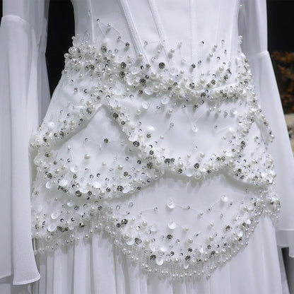 Luxury Pearls Tassel Blue and Yellow Evening Dress with Flowing Sleeves SS286