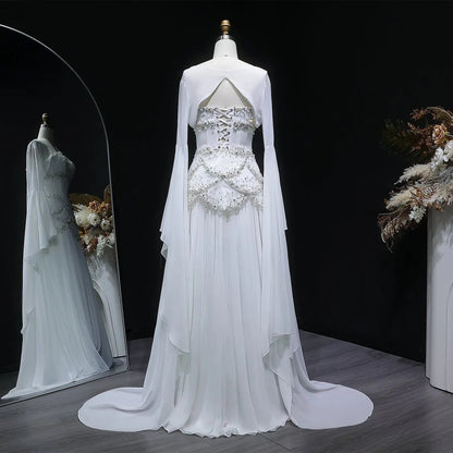 Luxury Pearls Tassel Blue and Yellow Evening Dress with Flowing Sleeves SS286
