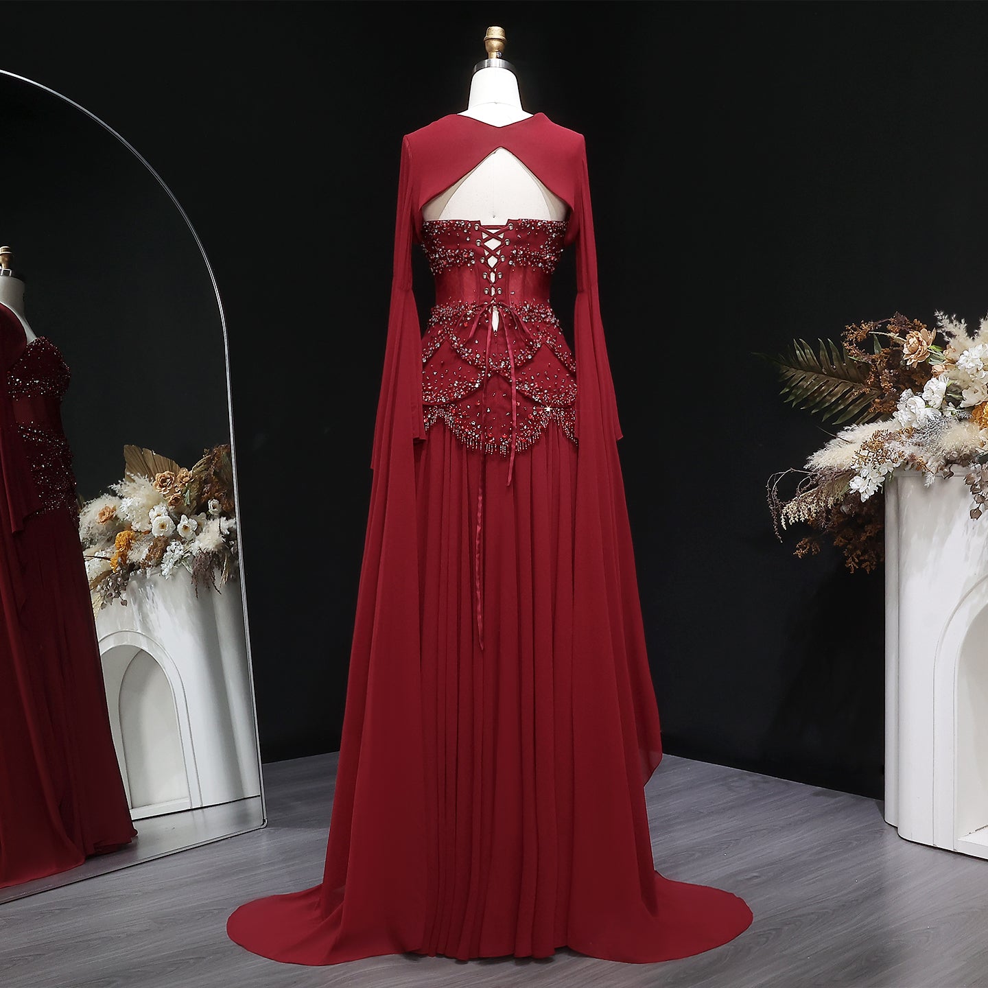 Luxury Pearls Tassel Blue and Yellow Evening Dress with Flowing Sleeves SS286