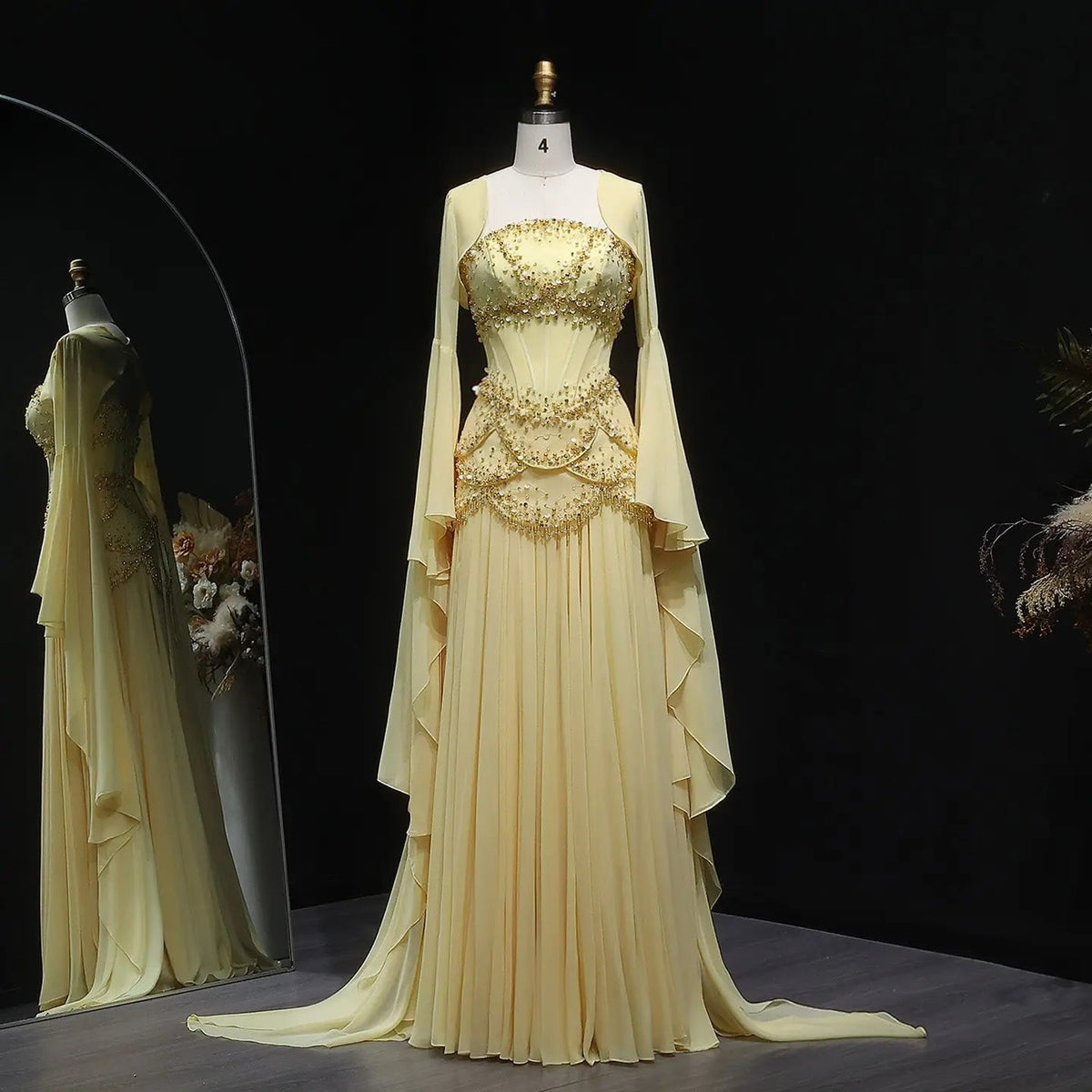 Luxury Pearls Tassel Blue and Yellow Evening Dress with Flowing Sleeves SS286