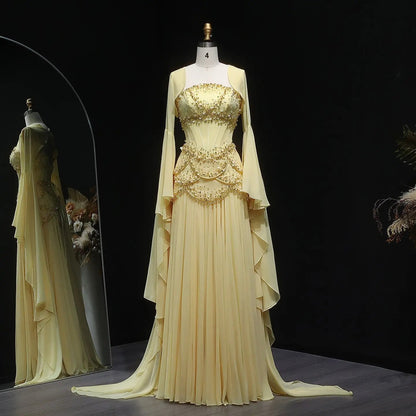 Luxury Pearls Tassel Blue and Yellow Evening Dress with Flowing Sleeves SS286