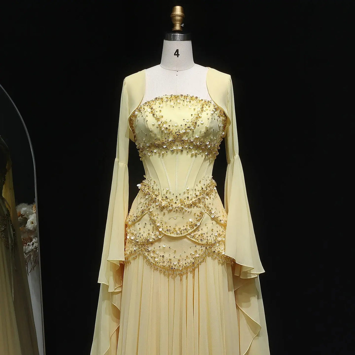 Luxury Pearls Tassel Blue and Yellow Evening Dress with Flowing Sleeves SS286