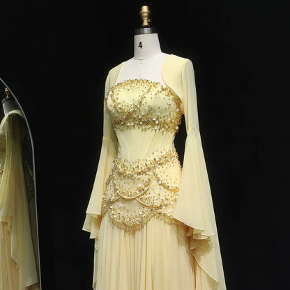 Luxury Pearls Tassel Blue and Yellow Evening Dress with Flowing Sleeves SS286