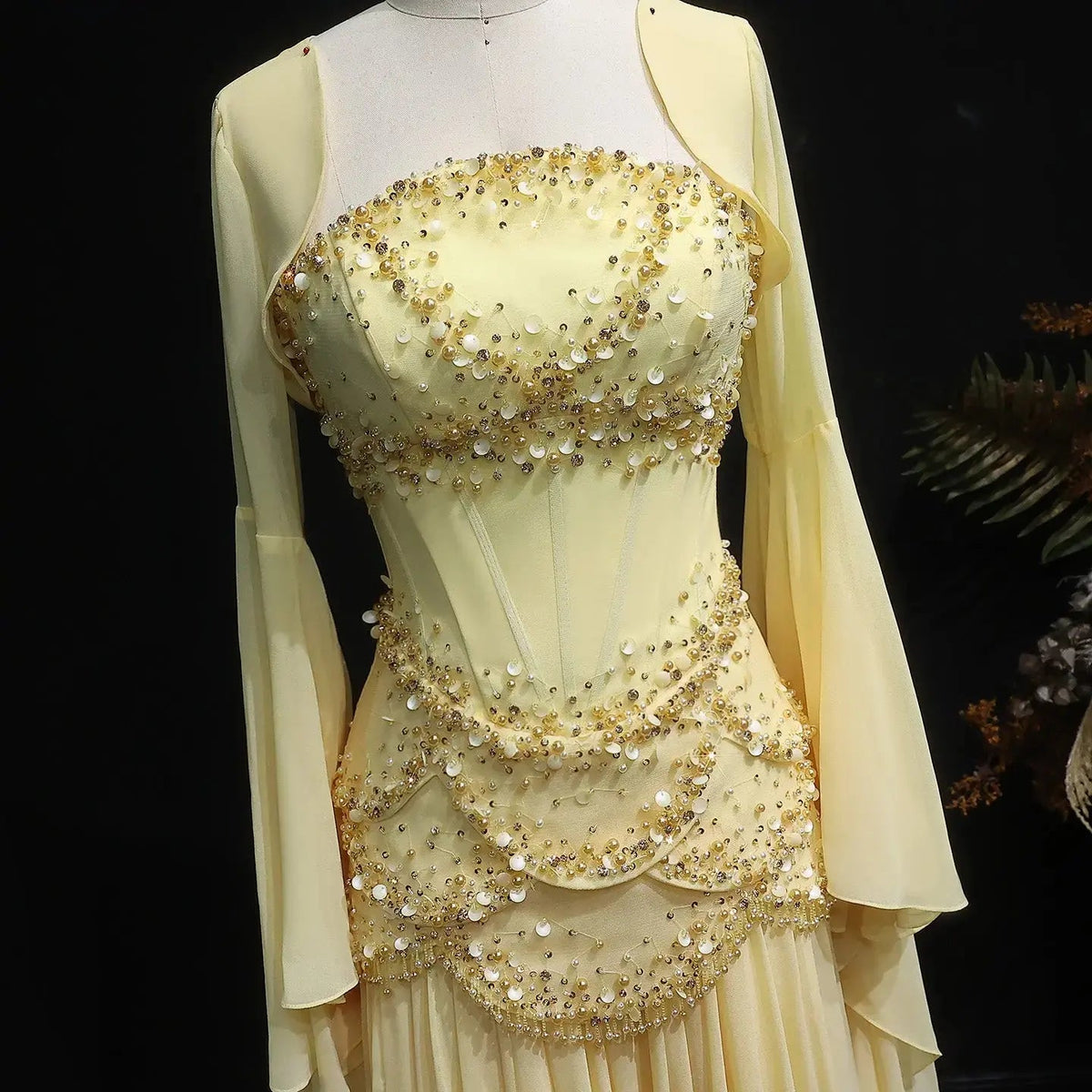 Luxury Pearls Tassel Blue and Yellow Evening Dress with Flowing Sleeves SS286