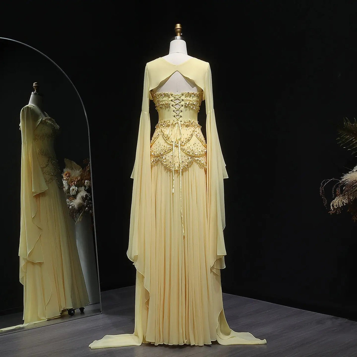 Luxury Pearls Tassel Blue and Yellow Evening Dress with Flowing Sleeves SS286