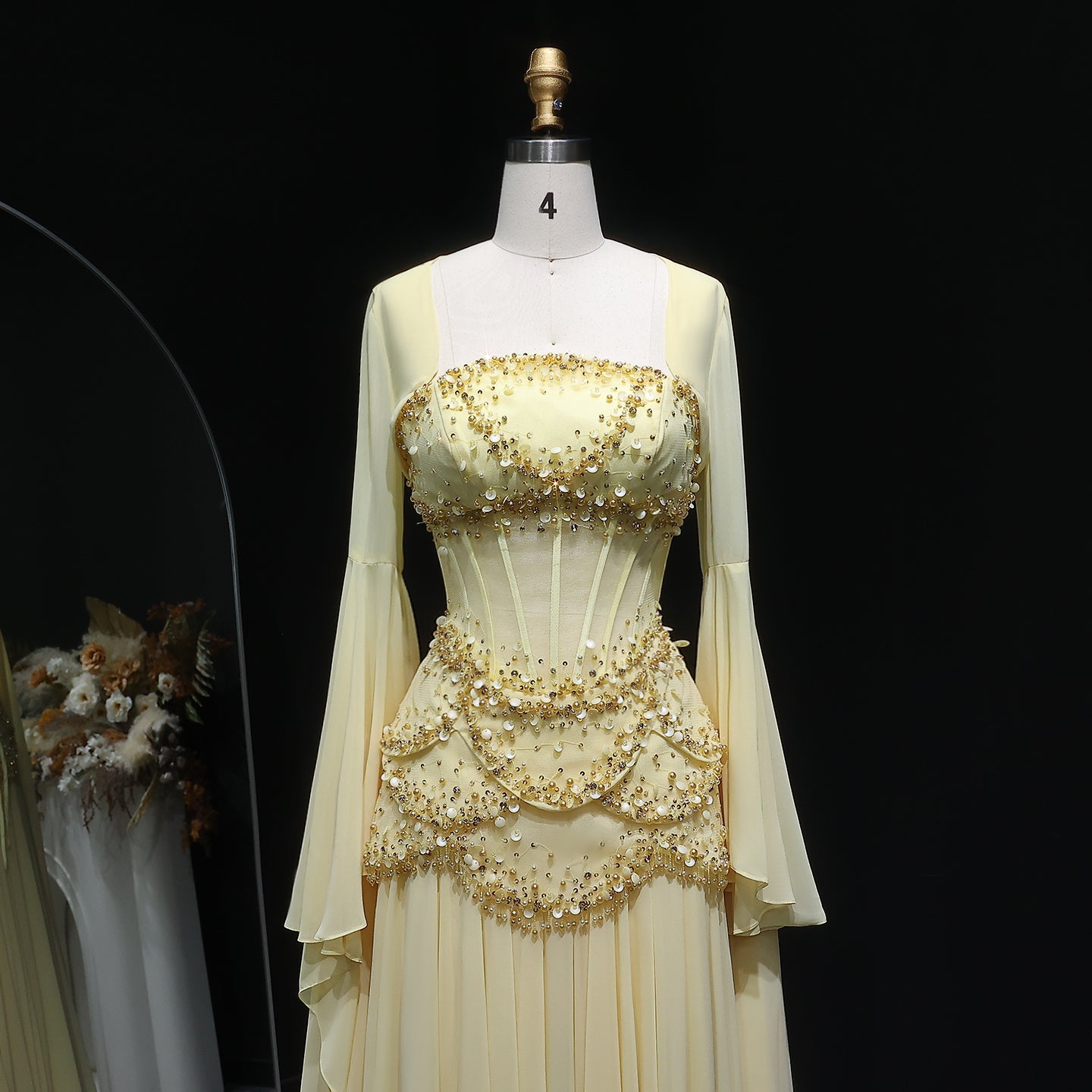 Luxury Pearls Tassel Blue and Yellow Evening Dress with Flowing Sleeves SS286