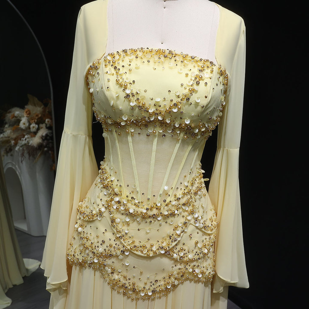 Luxury Pearls Tassel Blue and Yellow Evening Dress with Flowing Sleeves SS286