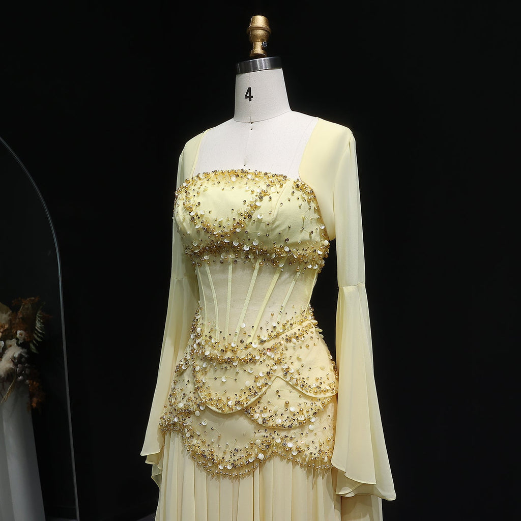 Luxury Pearls Tassel Blue and Yellow Evening Dress with Flowing Sleeves SS286