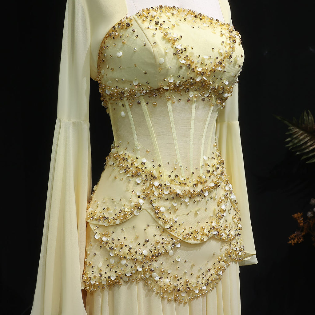 Luxury Pearls Tassel Blue and Yellow Evening Dress with Flowing Sleeves SS286