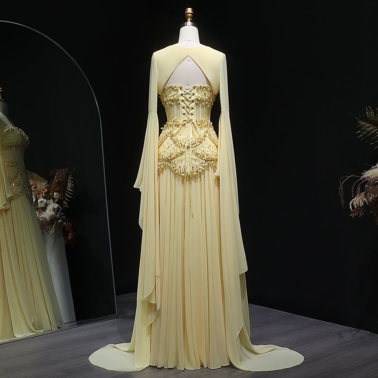 Luxury Pearls Tassel Blue and Yellow Evening Dress with Flowing Sleeves SS286