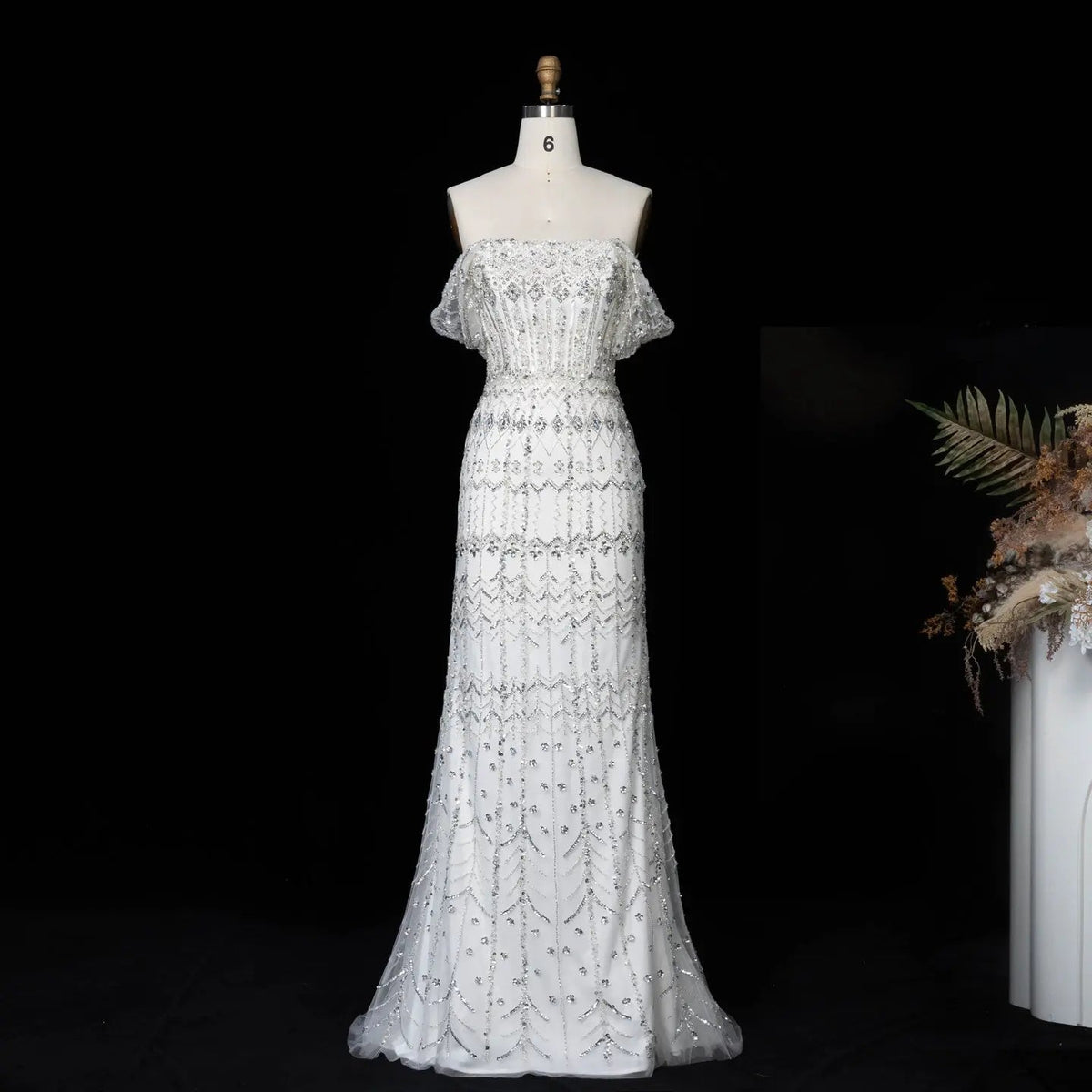 Luxury White Beaded Short Sleeves Evening Dress SS291