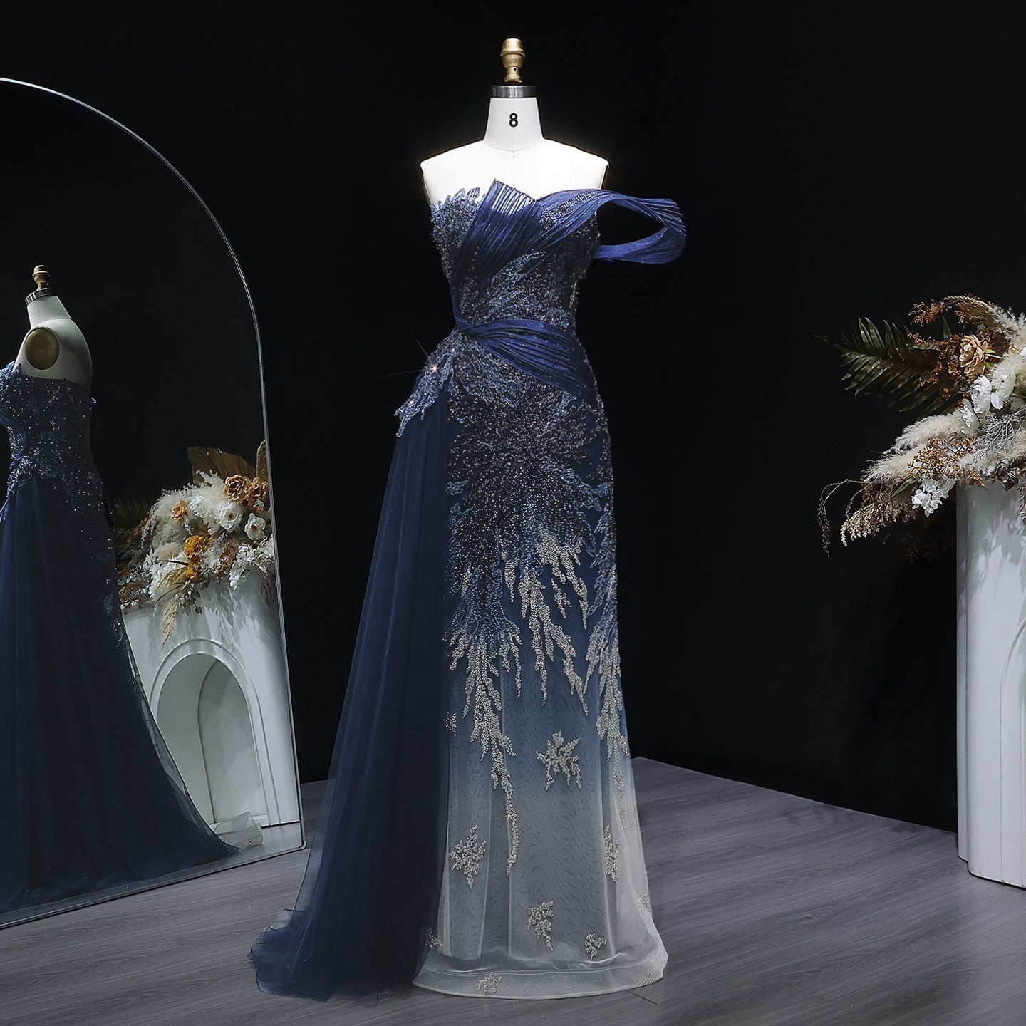 Elegant Gradient Blue Draped Beaded Evening Dress with Overskirt SS293
