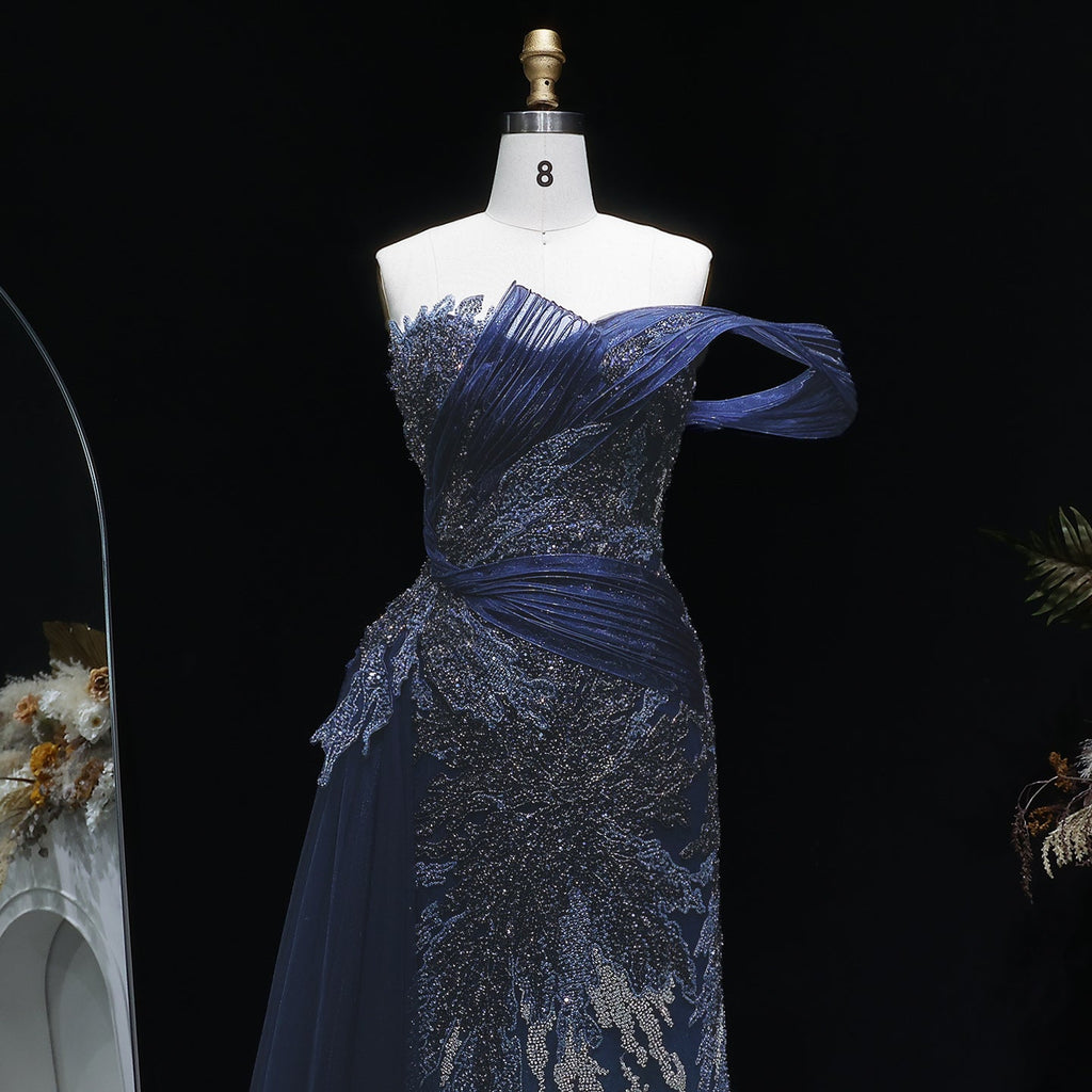 Elegant Gradient Blue Draped Beaded Evening Dress with Overskirt SS293