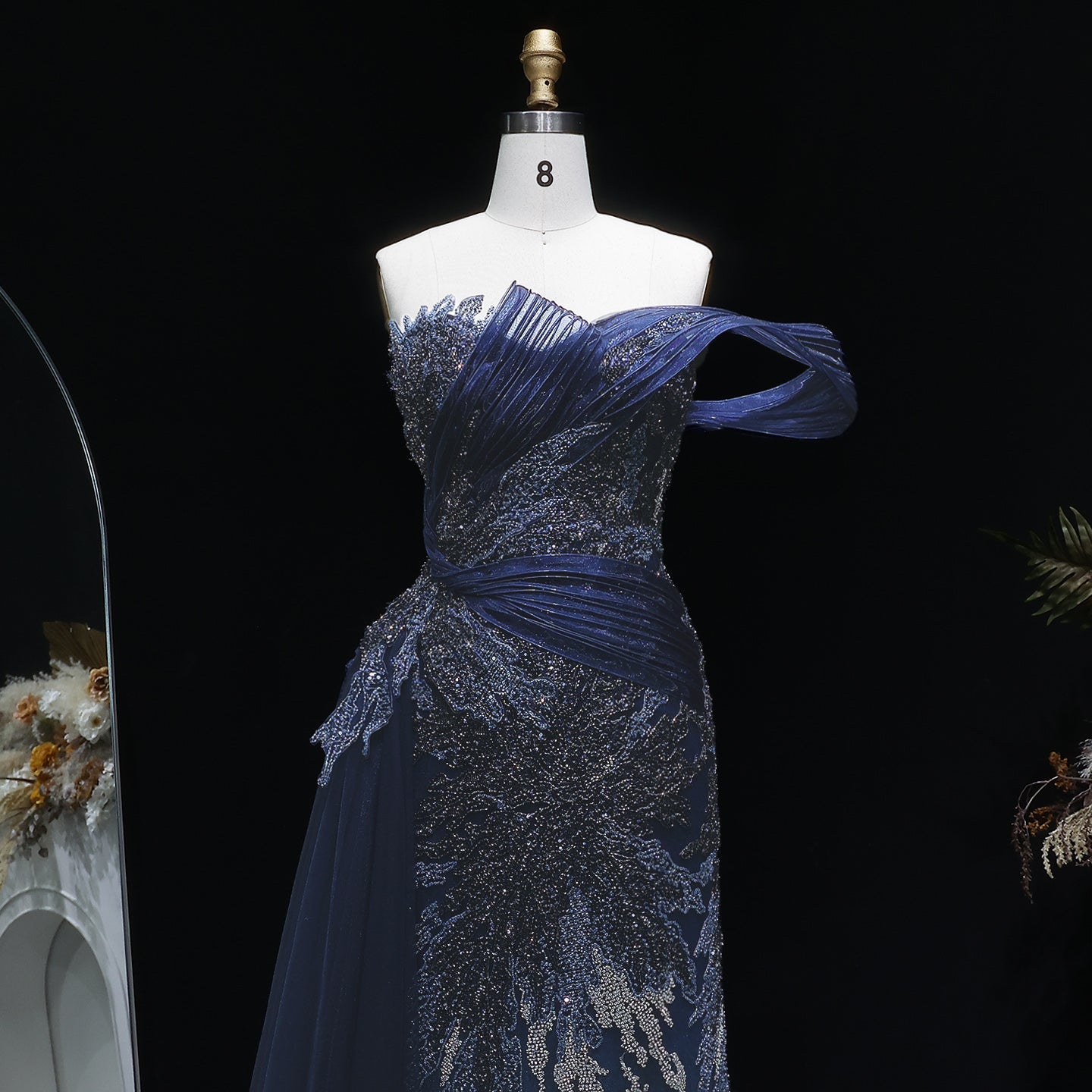 Elegant Gradient Blue Draped Beaded Evening Dress with Overskirt SS293