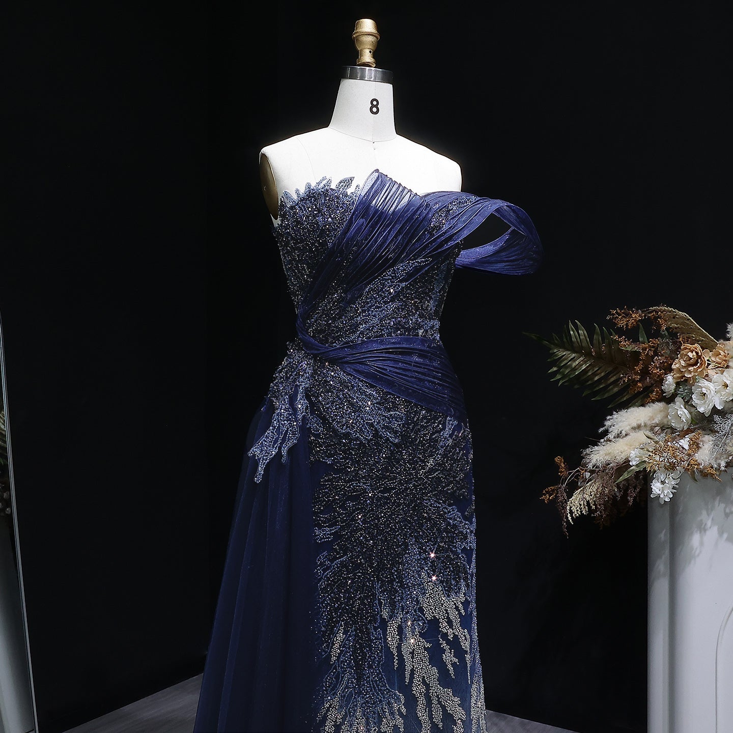 Elegant Gradient Blue Draped Beaded Evening Dress with Overskirt SS293