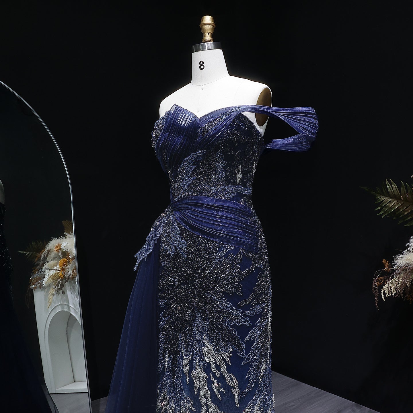 Elegant Gradient Blue Draped Beaded Evening Dress with Overskirt SS293