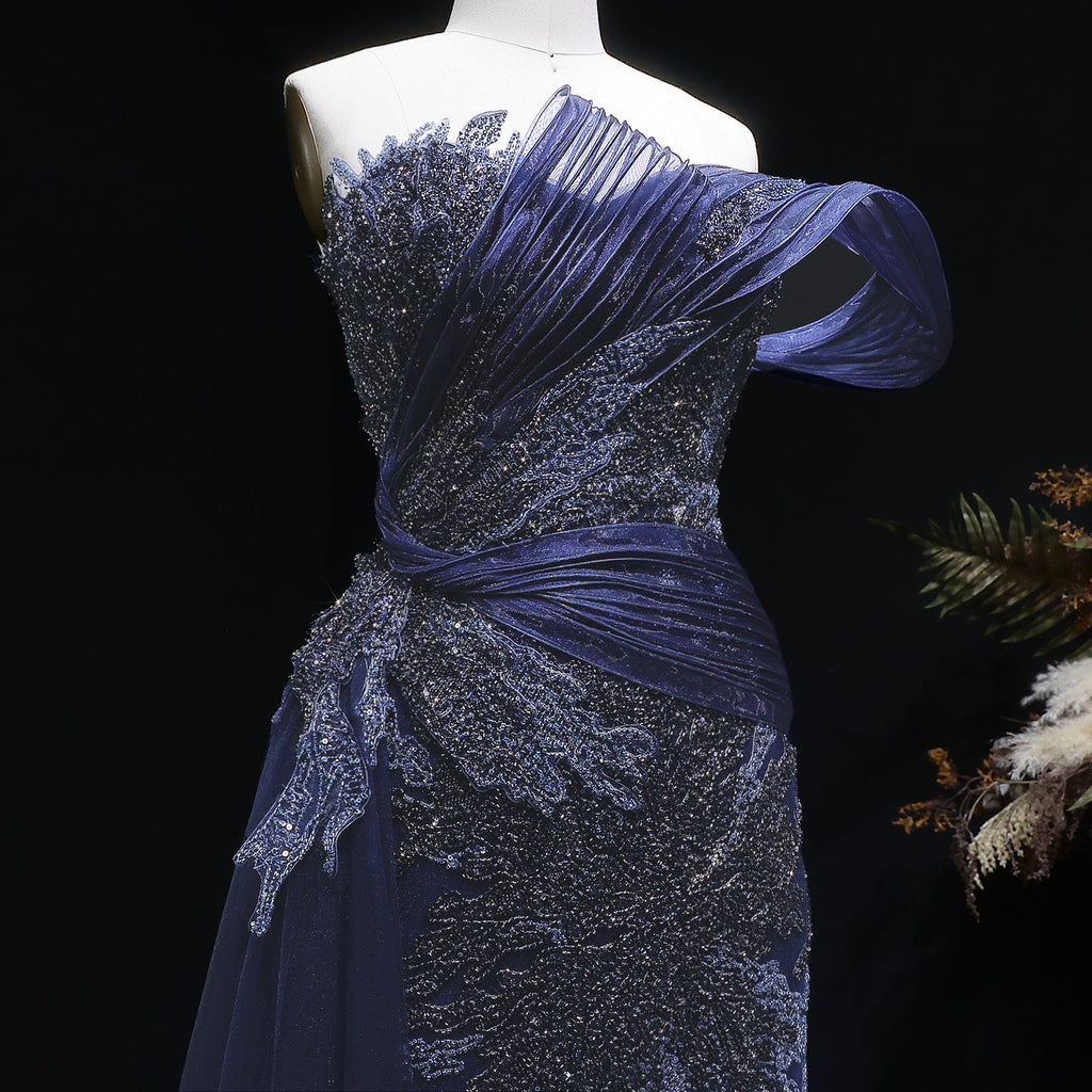 Elegant Gradient Blue Draped Beaded Evening Dress with Overskirt SS293
