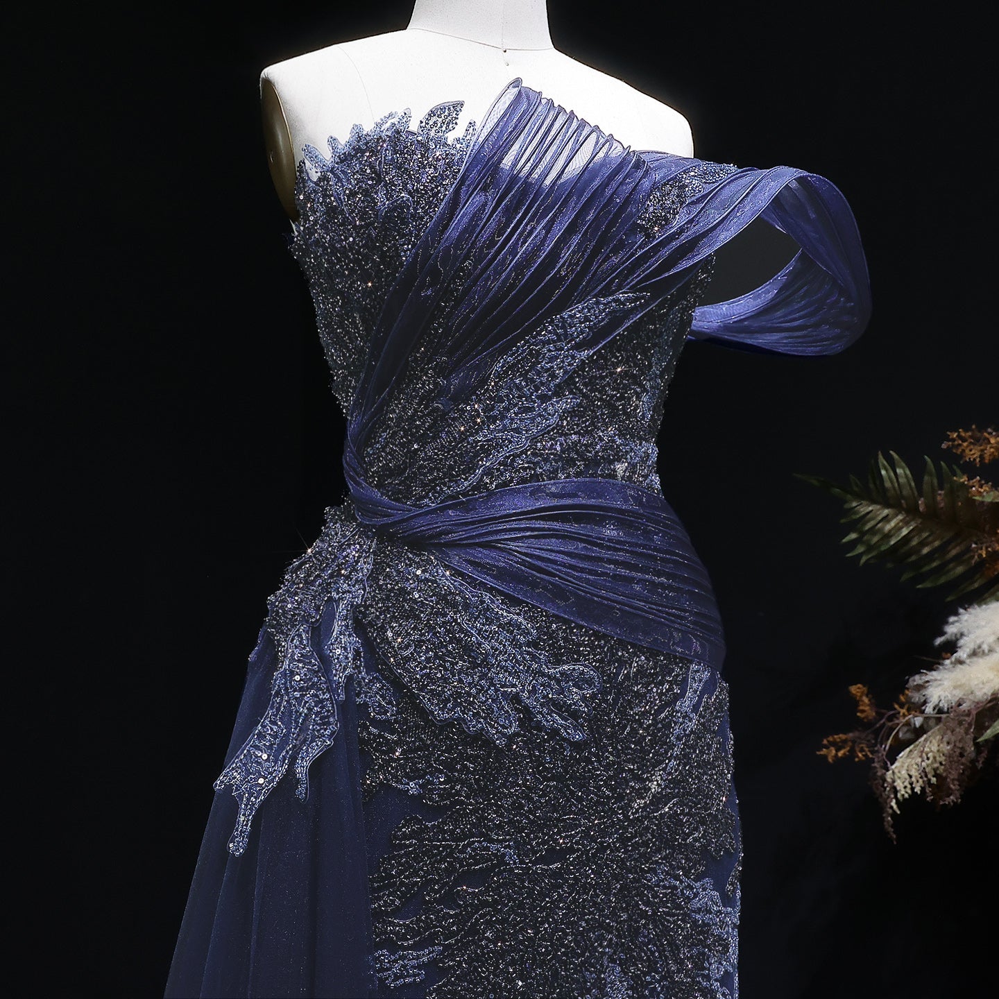 Elegant Gradient Blue Draped Beaded Evening Dress with Overskirt SS293