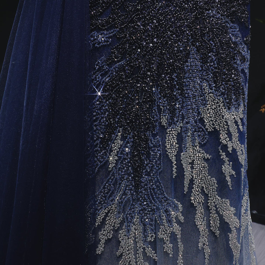 Elegant Gradient Blue Draped Beaded Evening Dress with Overskirt SS293