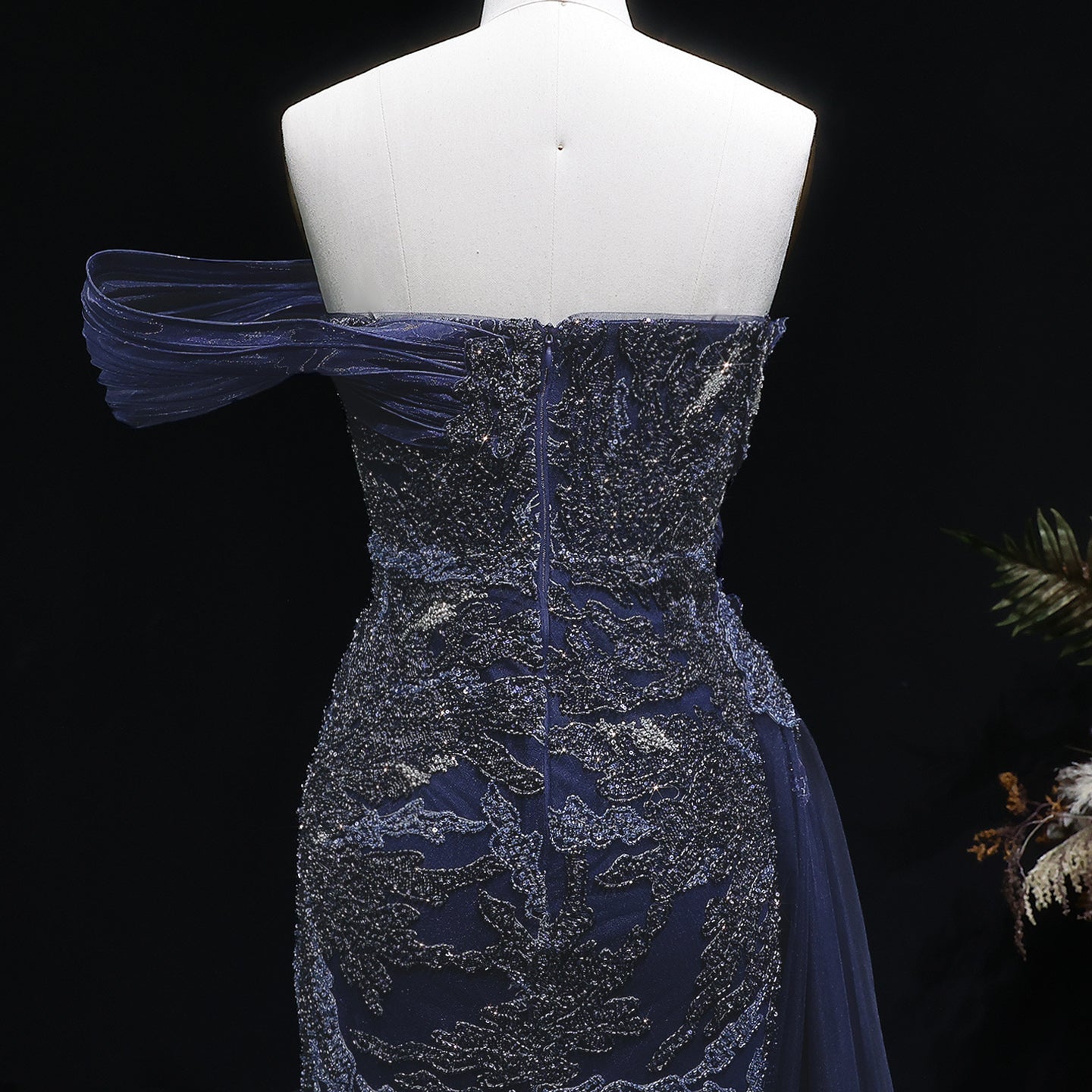 Elegant Gradient Blue Draped Beaded Evening Dress with Overskirt SS293